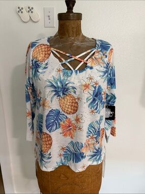 NWT Onque Casual Tropical Pineapple Crisscross Neck Top - White/Blue/Orange PXL